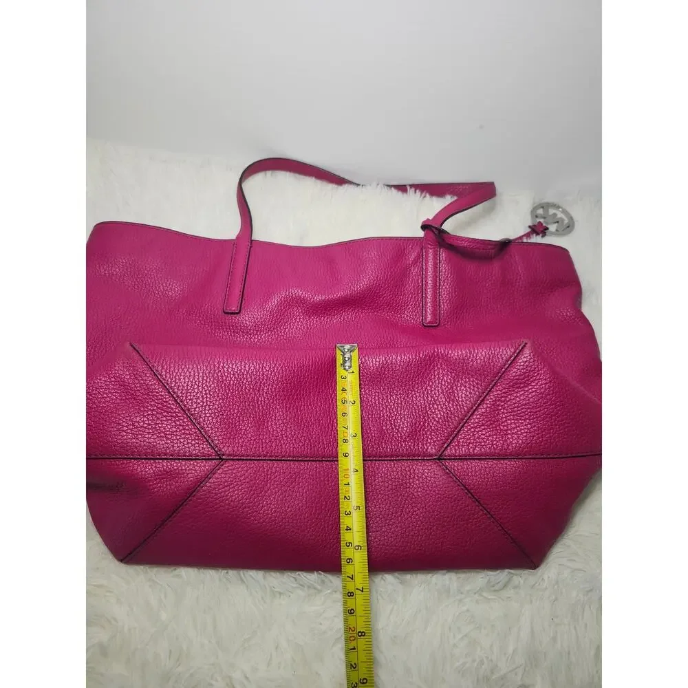 Michael Kors Tote Bag Fuchsia Leather Silver Shoulder Minimalist MK Charm